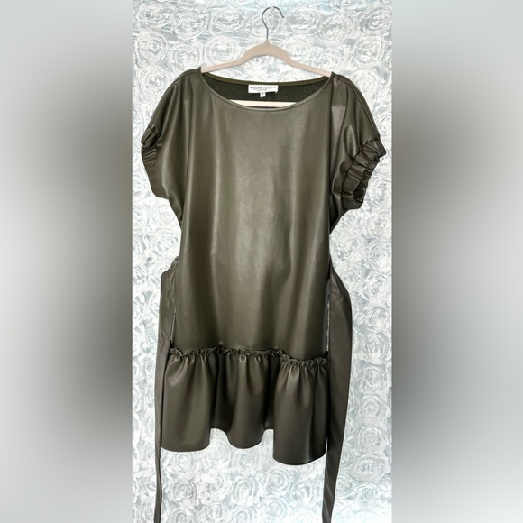 Inclan Studio Faux Leather Dress Size Small Loose Fitting Dress Olive Color - Picture 4 of 10